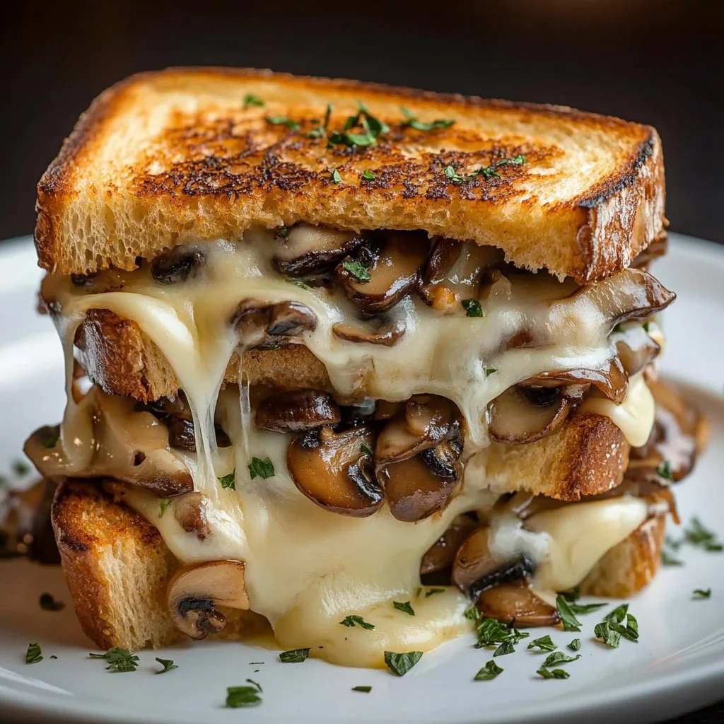 Garlicky Swiss Mushroom Melt with mushrooms and melted cheese sandwich