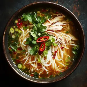 Bowl of Ginger Garlic Chicken Noodle Soup garnished with herbs.