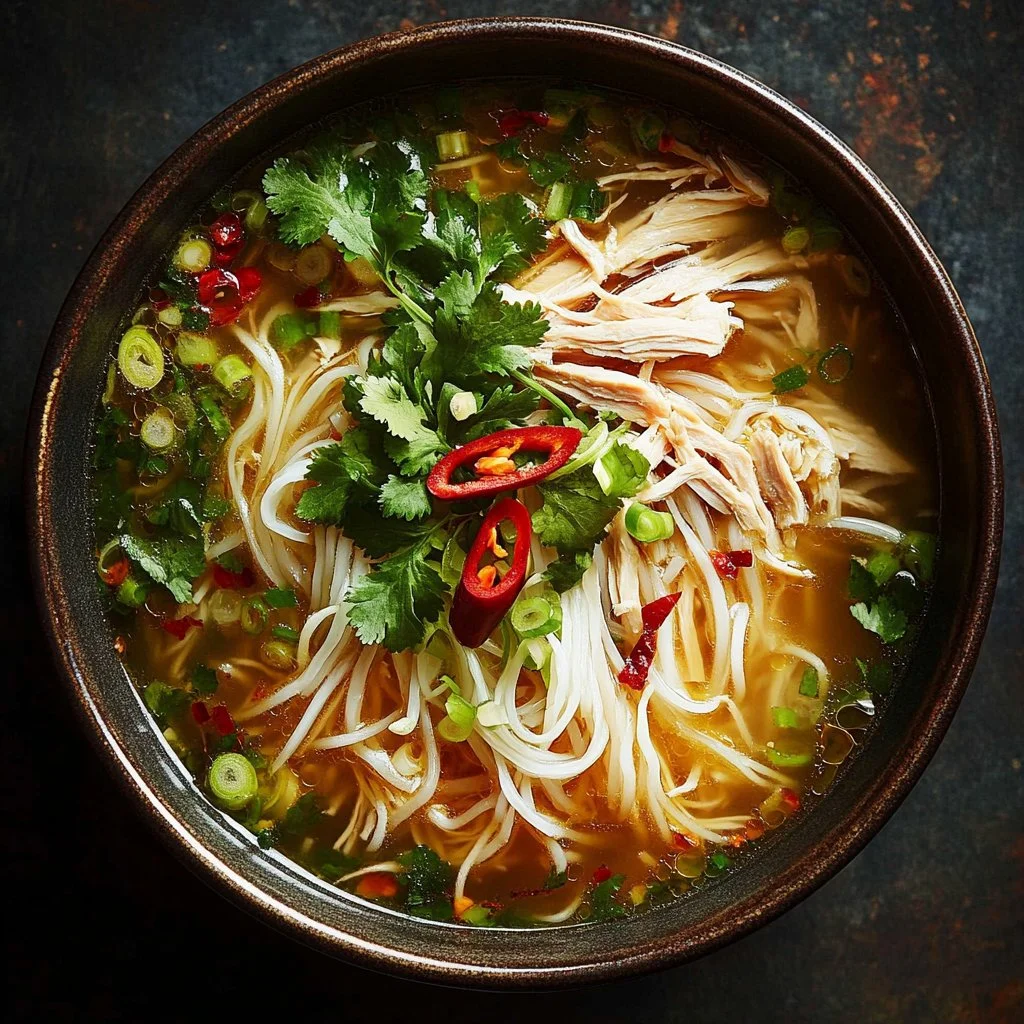 Bowl of Ginger Garlic Chicken Noodle Soup garnished with herbs.