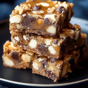 Delicious gluten-free seven-layer bars stacked on a plate.