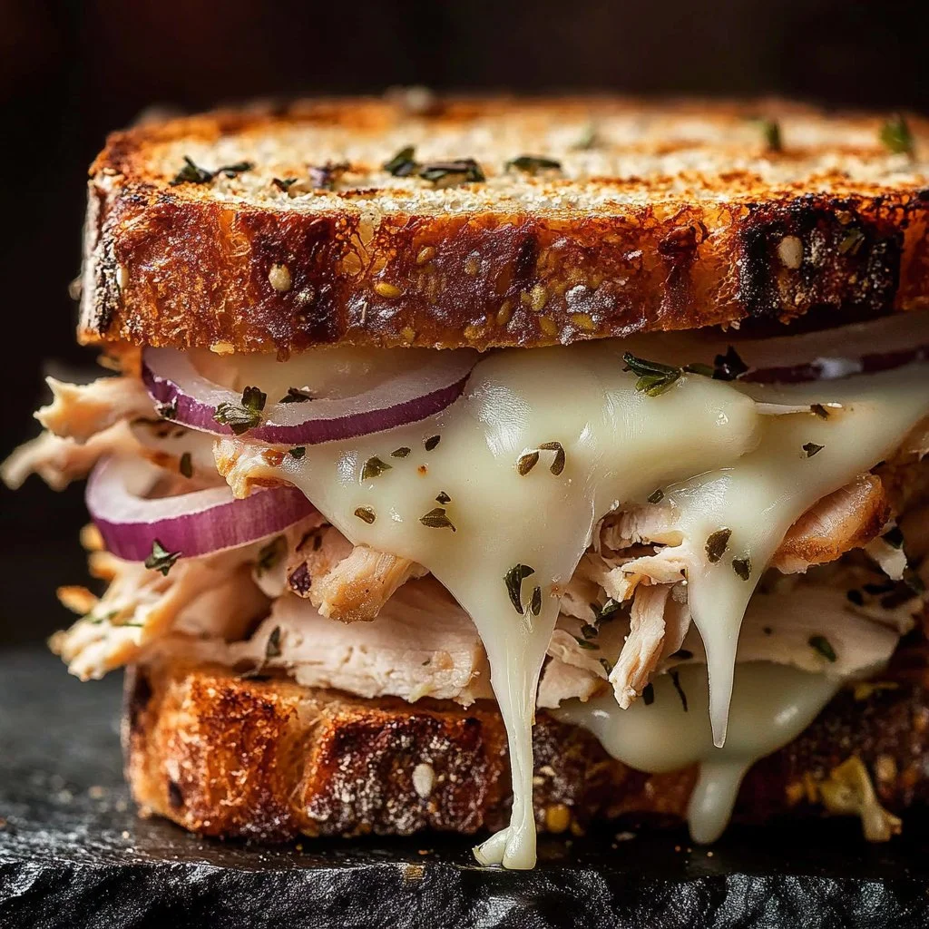 Gourmet Turkey Dijon Melt sandwich with melted cheese and fresh ingredients.