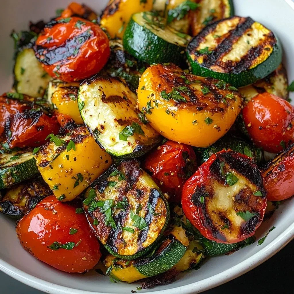 Grilled halloumi cheese served with colorful roasted vegetables