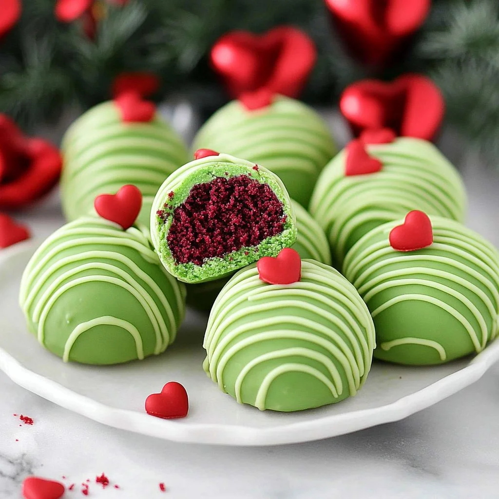 Grinch-themed Oreo ball treats decorated for holiday celebrations