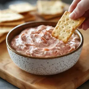 A delicious bowl of guava cream cheese dip served with fresh fruit and crackers.