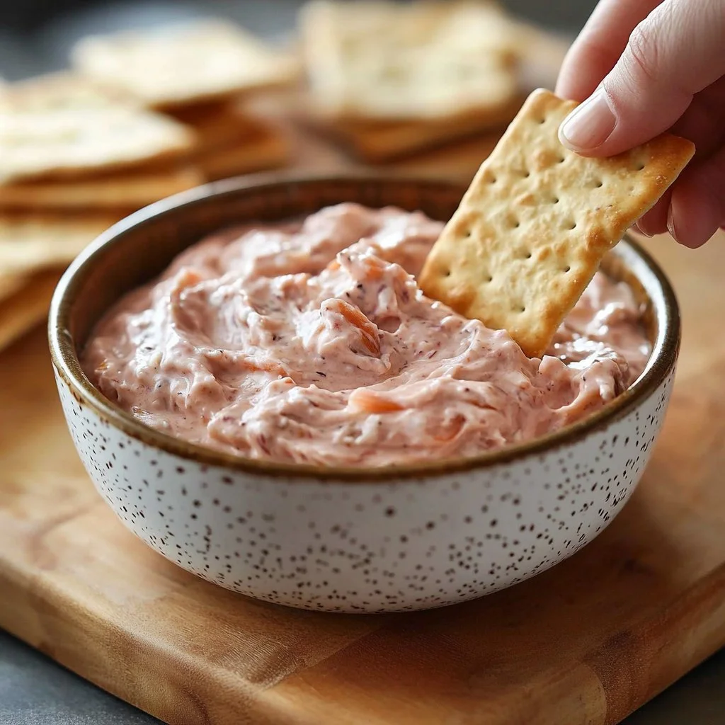 A delicious bowl of guava cream cheese dip served with fresh fruit and crackers.
