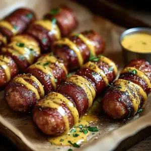 Hasselback Kielbasa Bites served with mustard sauce