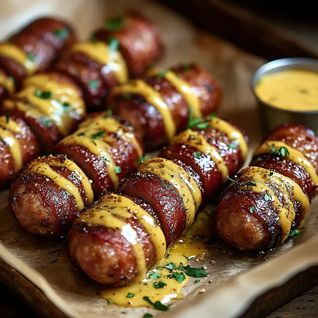 Hasselback Kielbasa Bites served with mustard sauce
