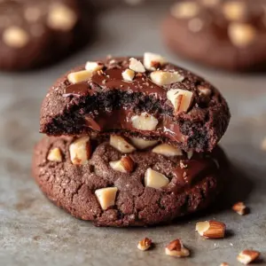 Freshly baked hazelnut chocolate cookies on a cooling rack.