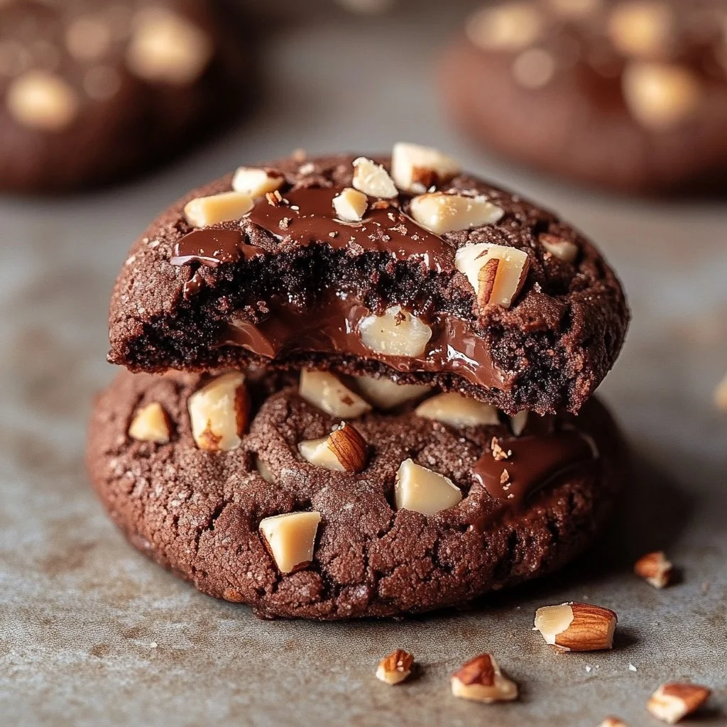 Freshly baked hazelnut chocolate cookies on a cooling rack.