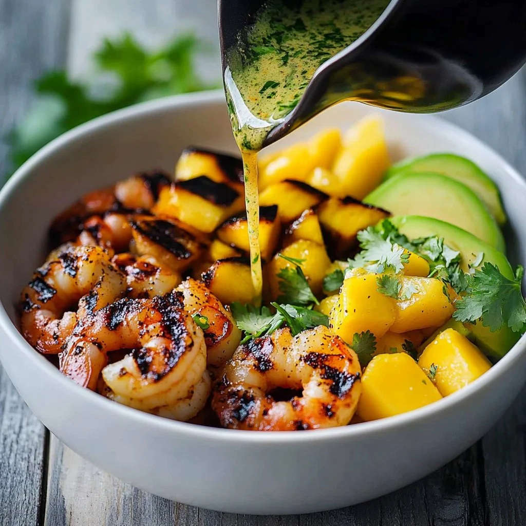 Healthy shrimp avocado bowl with fresh ingredients and vibrant colors