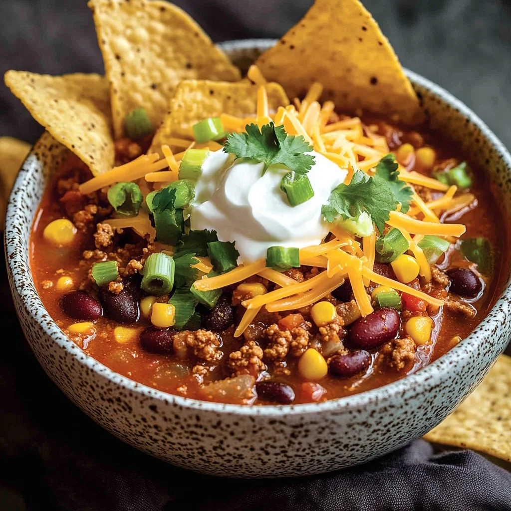 Bowl of hearty turkey taco soup topped with cheese and cilantro.