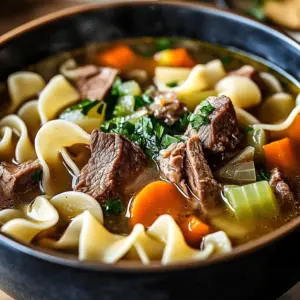 Delicious bowl of Heavenly Beef Noodle Soup with fresh herbs and spices