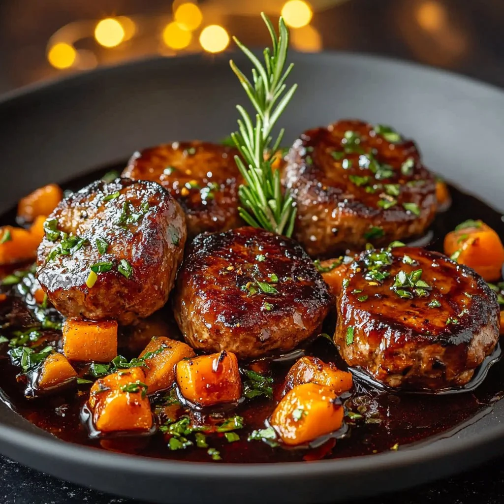 Honey Garlic Sausage served with Sweet Potatoes on a plate