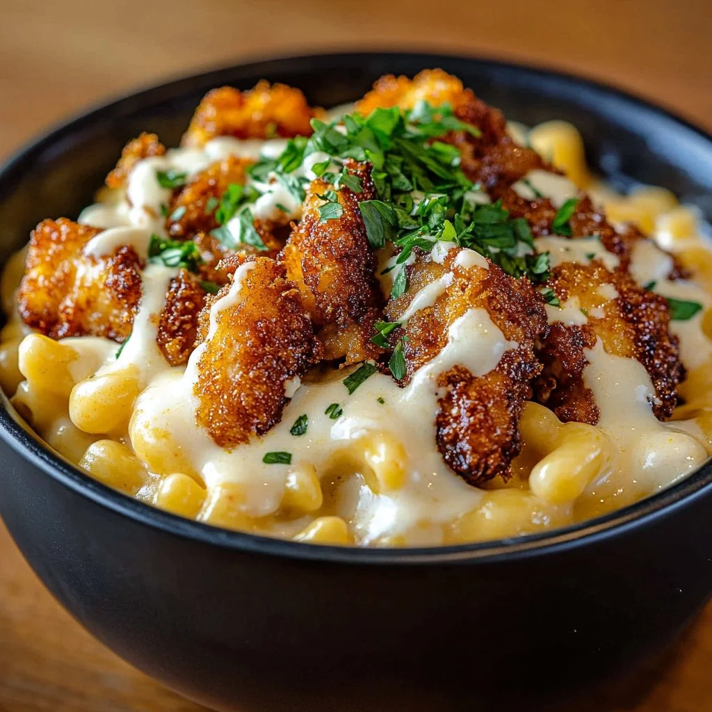 Creamy Honey Pepper Chicken Mac and Cheese topped with breadcrumbs and herbs