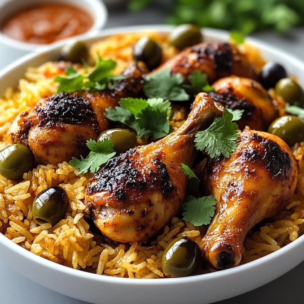 Delicious Hyderabadi Chicken Biryani served on a plate with spices and herbs.