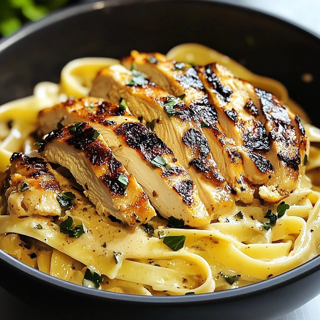 Delicious blackened chicken served over creamy Alfredo pasta