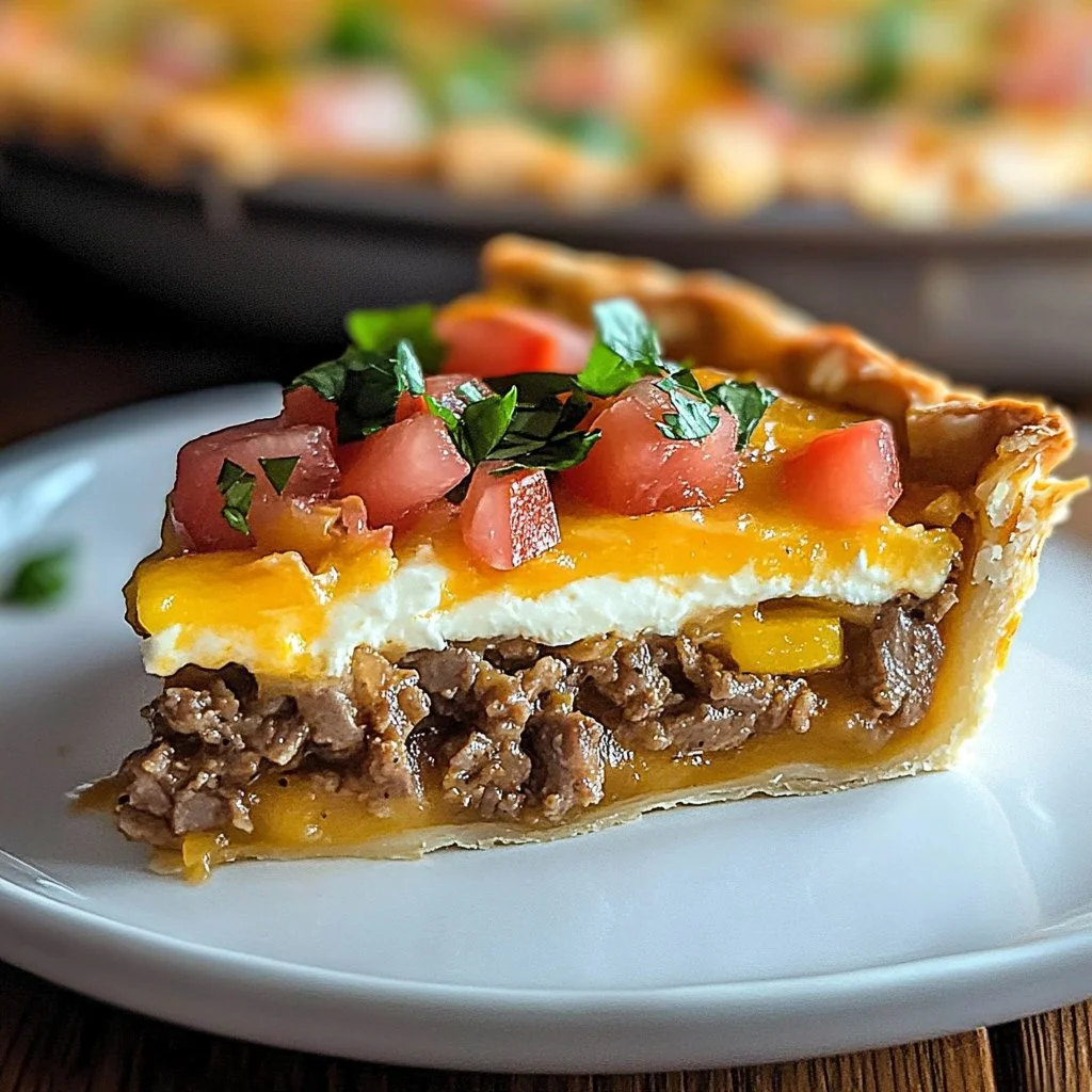 Indulgent Taco Pie topped with cheese, salsa, and fresh ingredients.