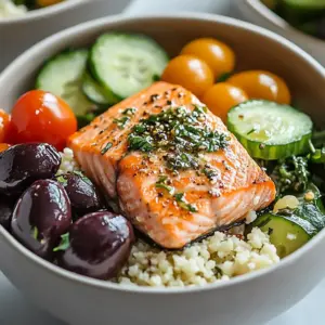 Fresh Greek salmon bowl with vibrant vegetables and herbs