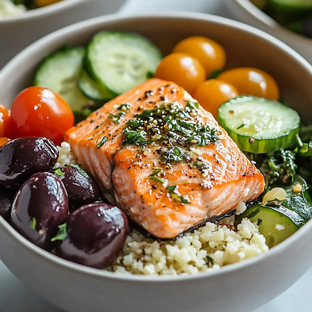 Fresh Greek salmon bowl with vibrant vegetables and herbs