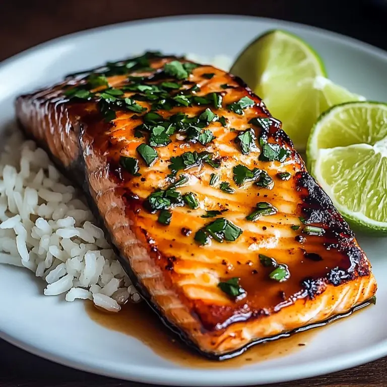 Juicy miso garlic butter salmon garnished with herbs on a white plate