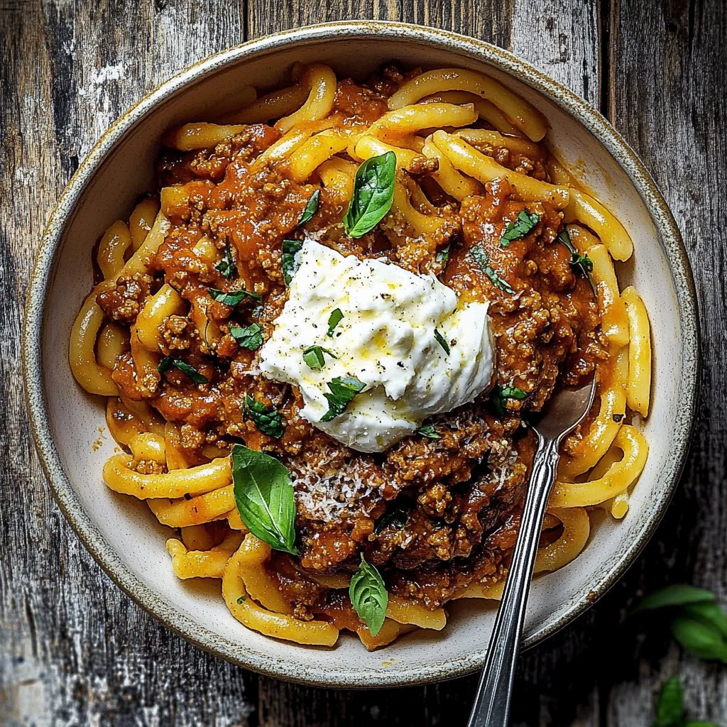 Bowl of pumpkin beef bolognese garnished with herbs