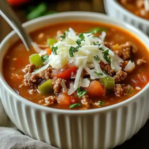 Bowl of cozy stuffed pepper soup garnished with herbs and vegetables.