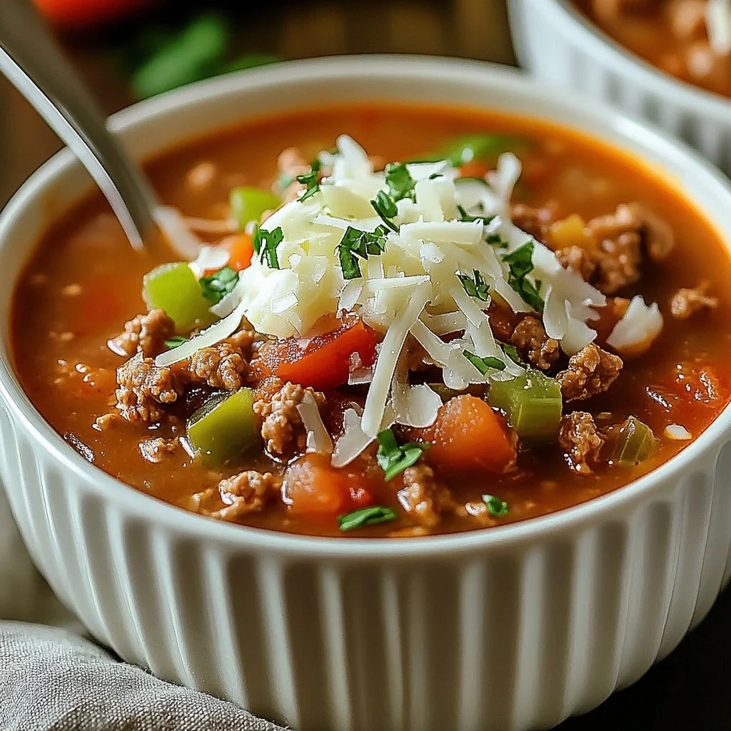Bowl of cozy stuffed pepper soup garnished with herbs and vegetables.
