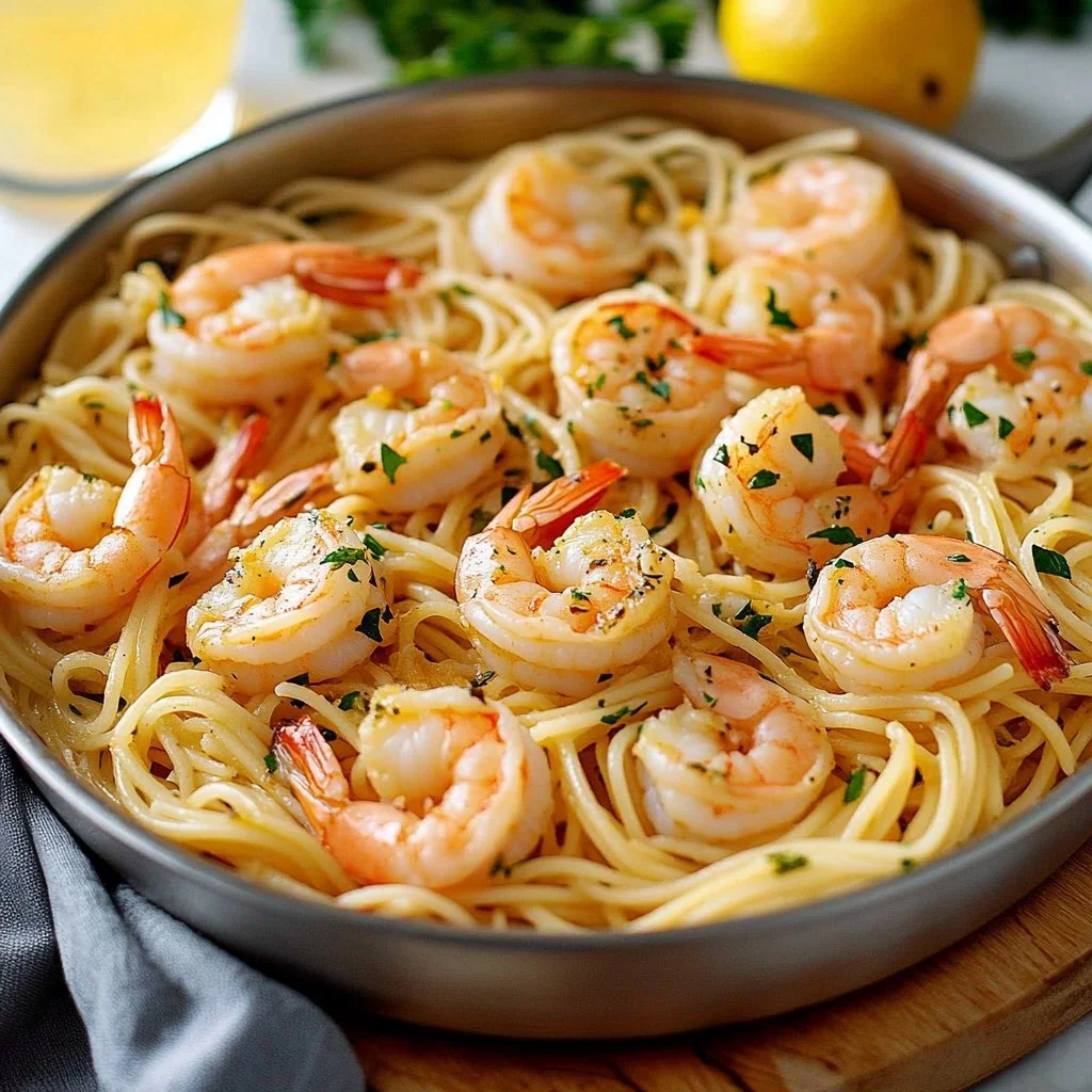 Creamy shrimp linguine dish garnished with parsley and lime