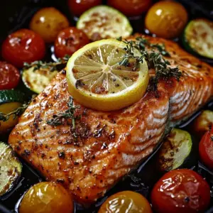 Glazed honey garlic salmon on a plate with garnishes