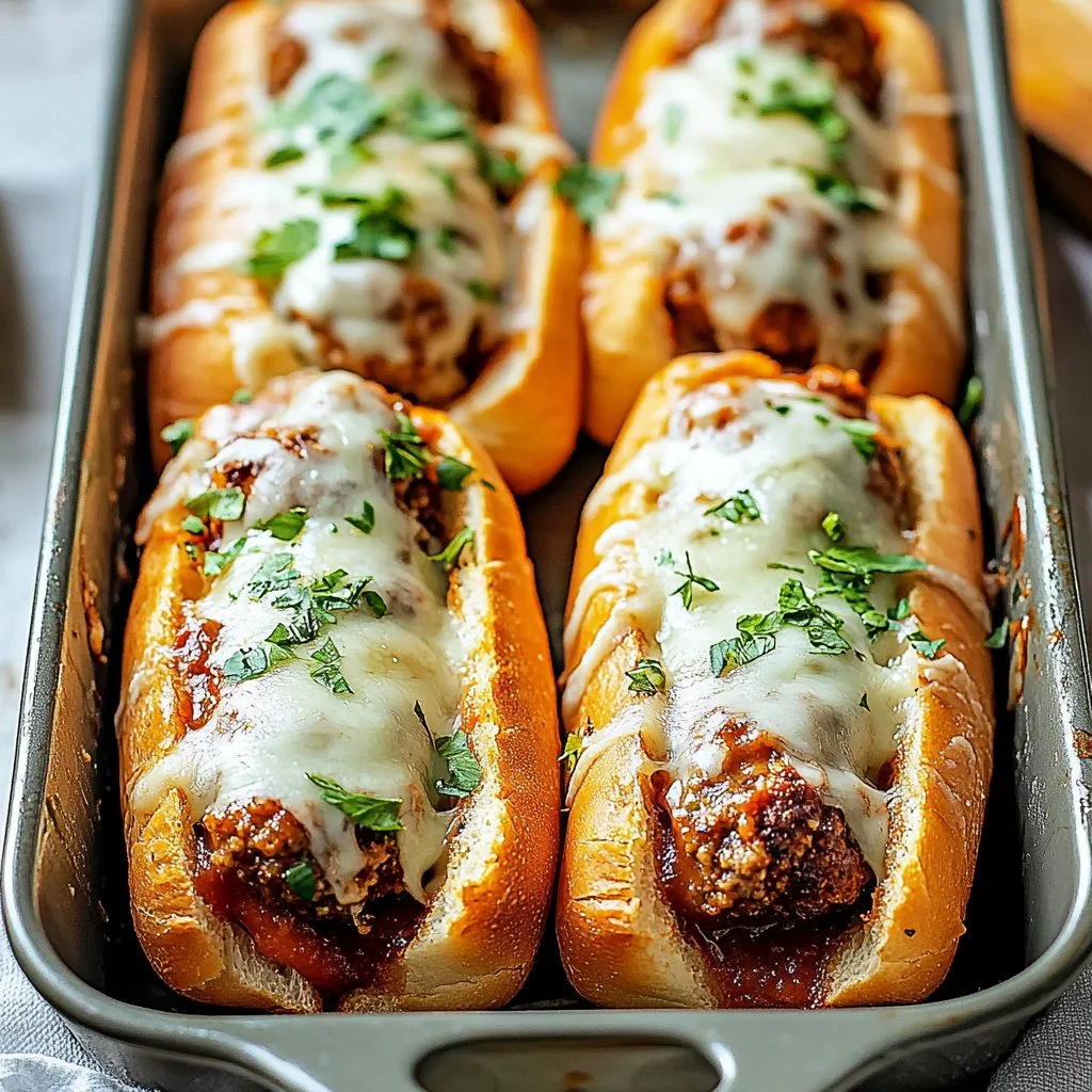 Baked turkey meatball subs topped with melted cheese and fresh herbs