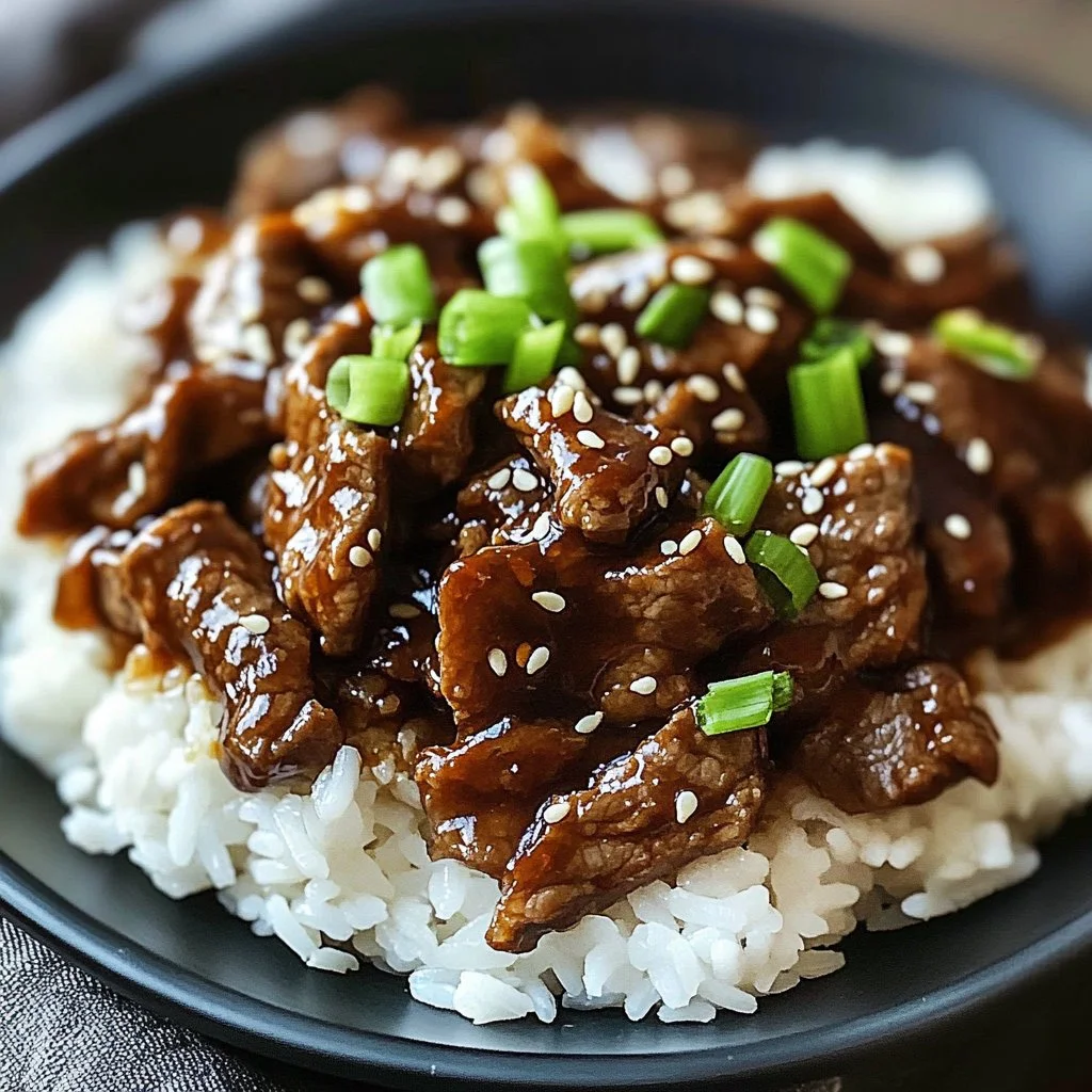 Delicious plate of irresistibly juicy Mongolian Beef with vegetables and sauce