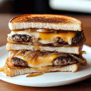 Deliciously cheesy and juicy patty melt with grilled onions on toasted bread