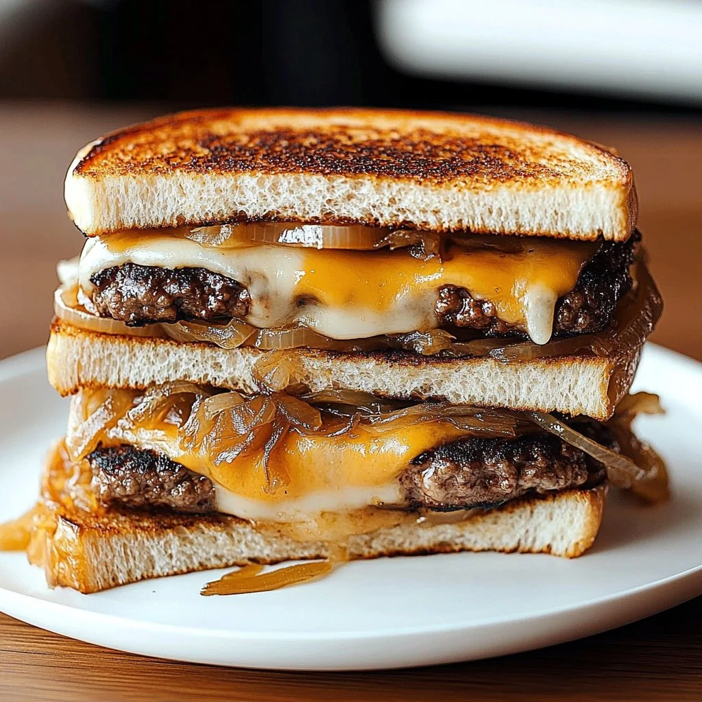 Deliciously cheesy and juicy patty melt with grilled onions on toasted bread