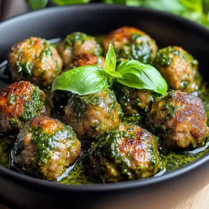 Irresistibly juicy pesto chicken meatballs served on a plate