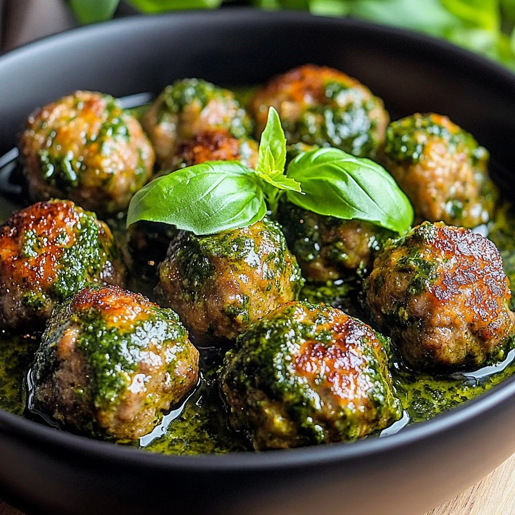 Irresistibly juicy pesto chicken meatballs served on a plate