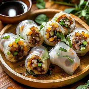Plate of delicious Thai Basil Beef Rolls with fresh herbs and spices
