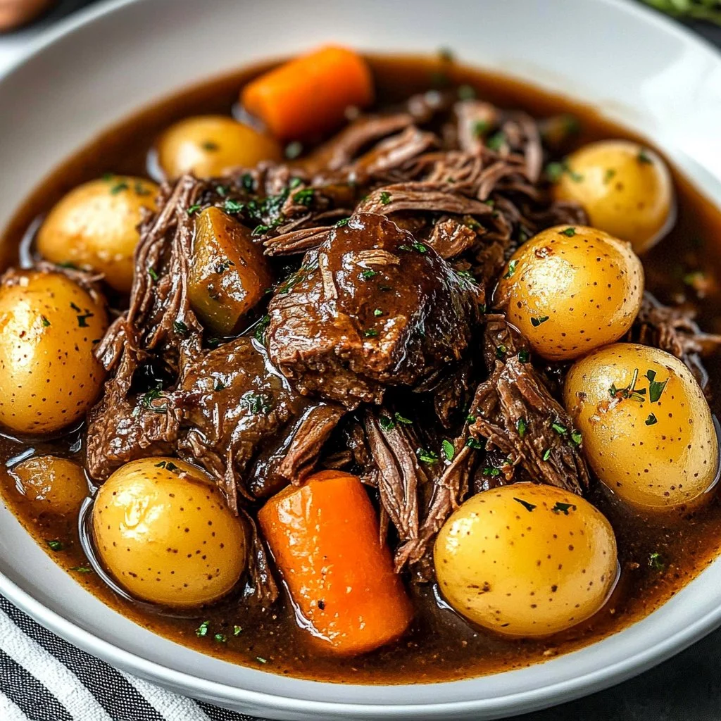 Irresistibly tender slow cooker pot roast served with vegetables