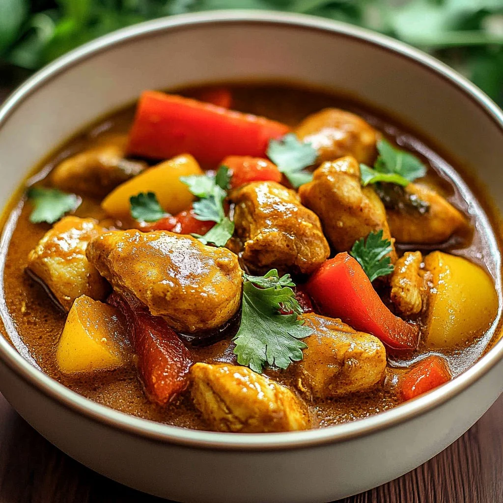 Plate of Jamaican Curry Chicken garnished with herbs and spices