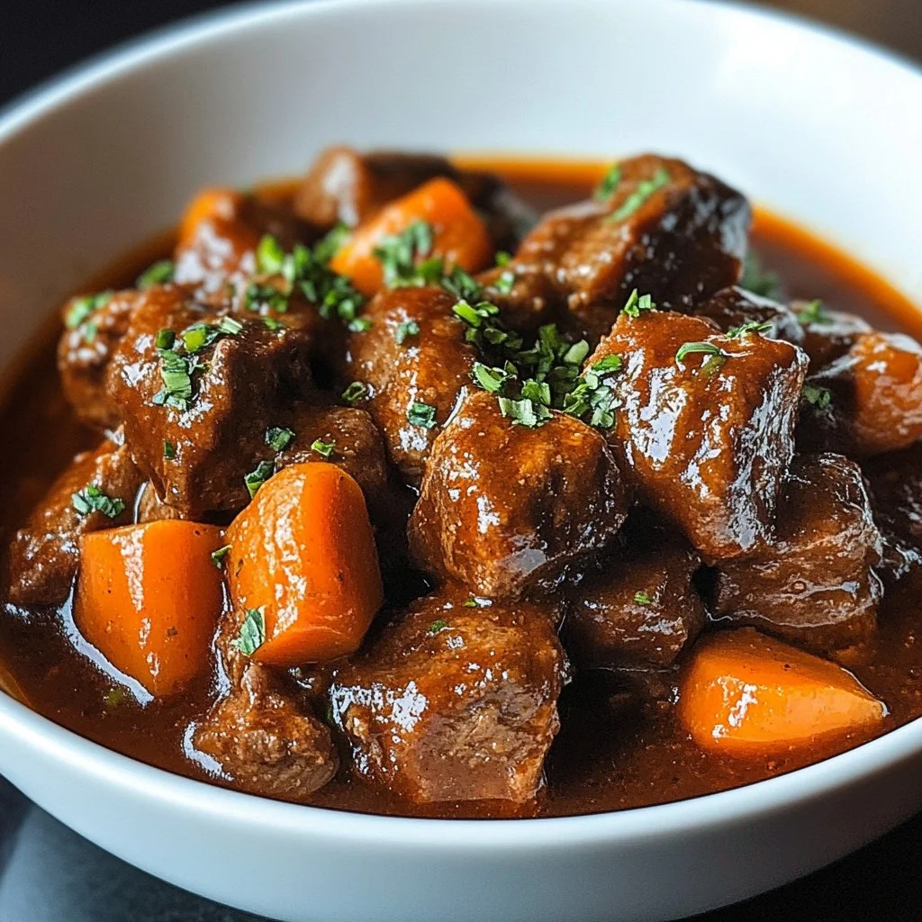 A bowl of Jamaican oxtail stew garnished with fresh herbs and spices.