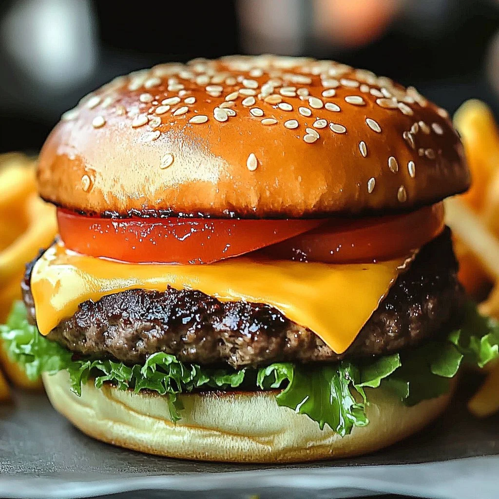 Close-up of a juicy classic hamburger topped with lettuce and tomato