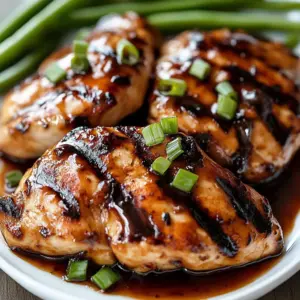 Juicy balsamic baked chicken served with herbs and vegetables on a plate.