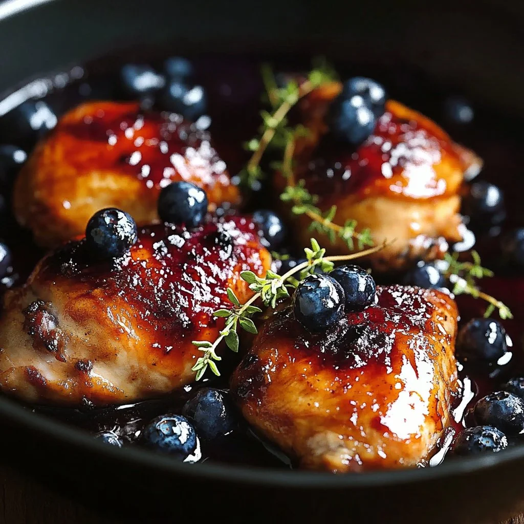 Juicy blueberry thyme chicken served with fresh herbs and berries.