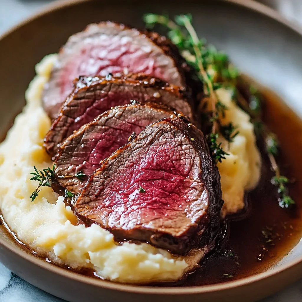 Juicy medium-rare roast beef served with sides on a plate