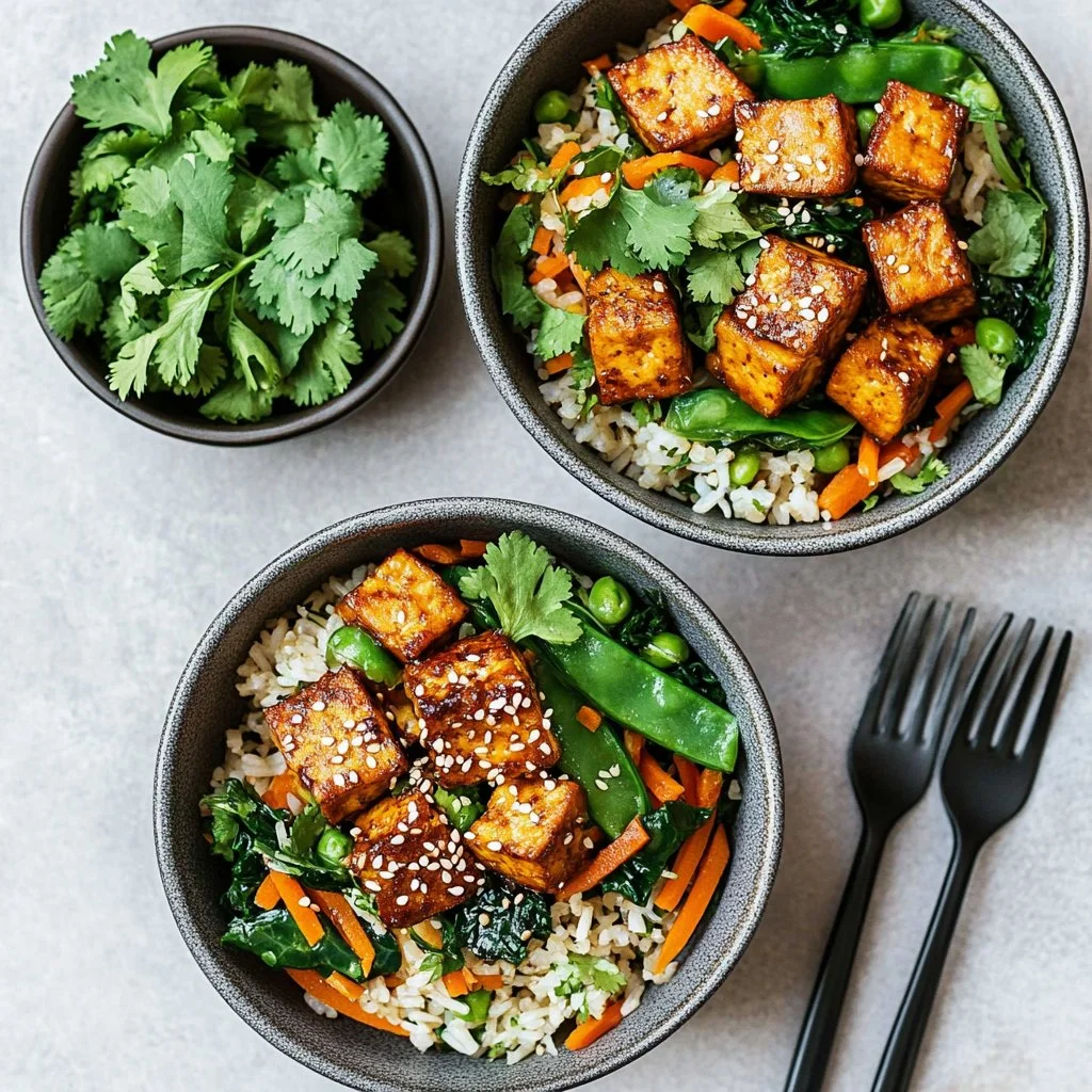 Plate of kimchi fried rice topped with sesame tempeh and green onions