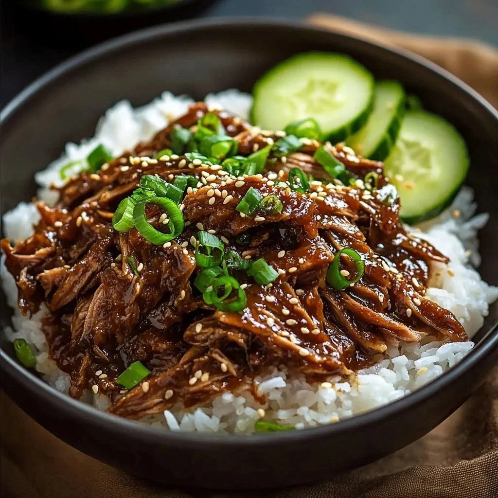 Delicious Korean style shredded beef served with rice and vegetables