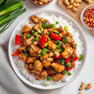 Delicious homemade Kung Pao Chicken with vibrant vegetables and peanuts
