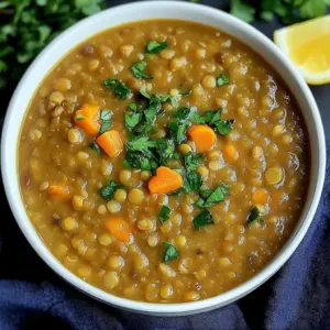 Bowl of Lebanese lentil soup garnished with fresh herbs