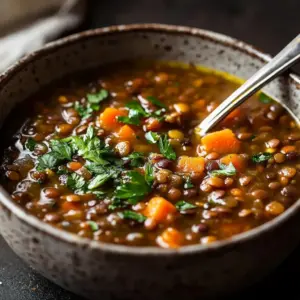 Bowl of easy lentil soup garnished with herbs and spices
