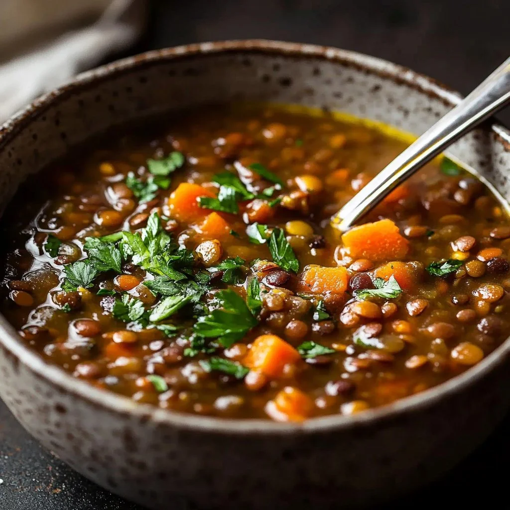 Bowl of easy lentil soup garnished with herbs and spices