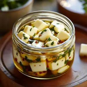 Plate of marinated cheese bites drizzled with herbs and spices